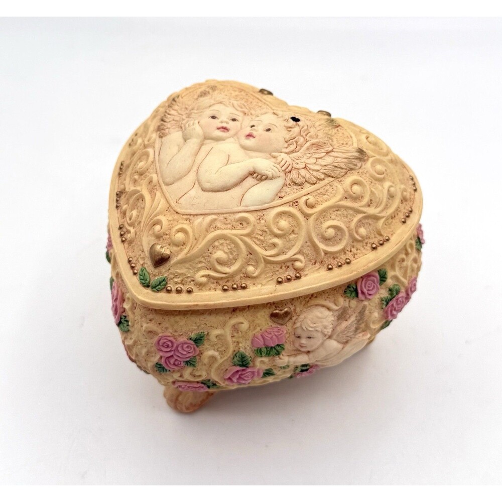 San Francisco Music Box Co Vintage heart-shaped Ornate Cherub Roses  Working